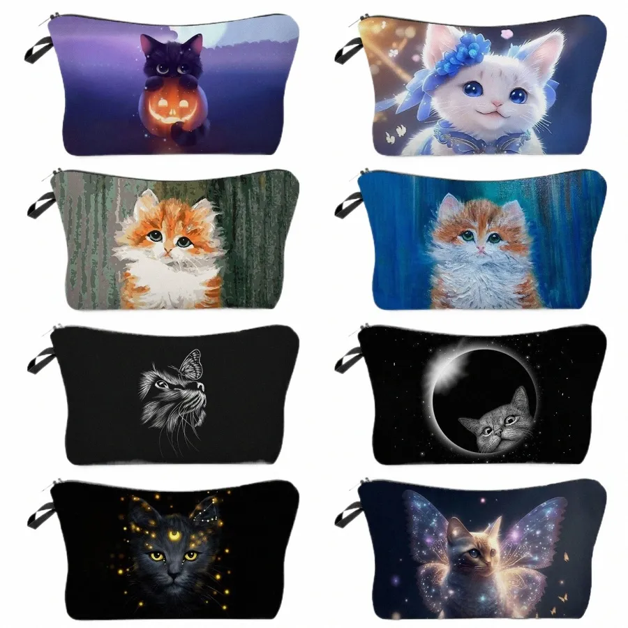 3d schattige carto dieren kat geprinte dames cosmetische tas buiten strand reizen casual mini make -uptas aanpasbare potloodkas 52DU#