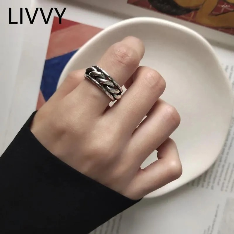 Cluster Rings LIVVY Silver Color Weaving Open Ring Women Punk Vintage Girl Finger Adjustable Fashion Fine Jewelry