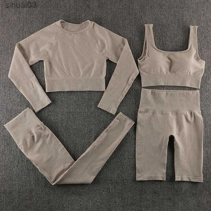 Women's Tracksuits Fitness Yoga Set Sports Seamless Sportswear Crop Top Long Sleeve Leggings Shorts Suit Workout Gym Women Outfit Clothes 2/3/5 PcsL2403