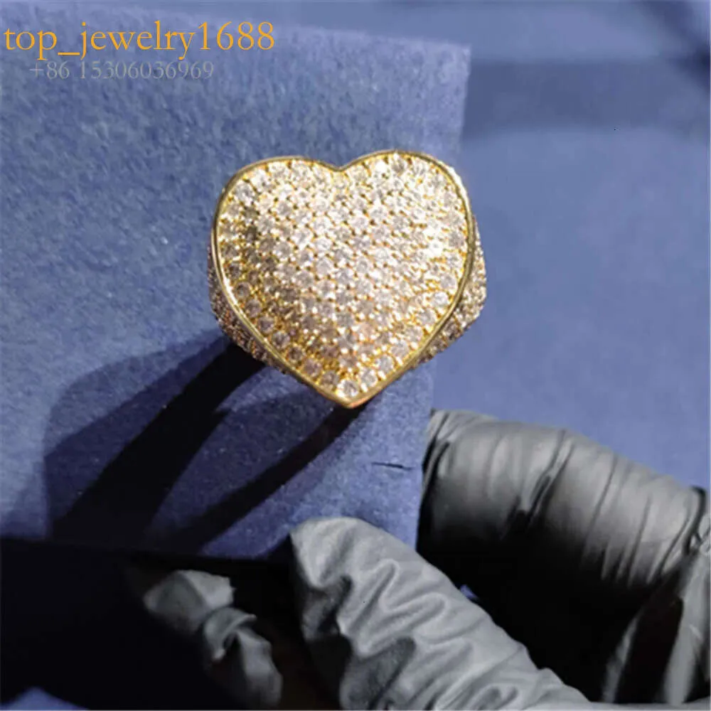 Verklig Sterling Sier helt med isad VVS Moissanite Diamond Heart Hip Hop Ring