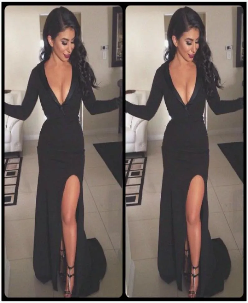 2020 Sexy Black Evening Dresses with Deep V Neckline Long Sleeves Floor Length Front Split robe de soiree longue3212659