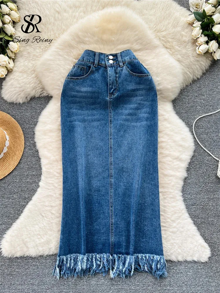 Singreiny Streetwear Blue denim kjol elastisk midjeknappar fickor design mode senior office lady concon tassel 240416