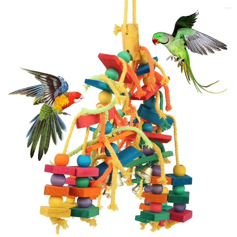Outros pássaros suprimentos de papagaio brinquedos de papagaio pendurado corda de estimação de madeira de madeira budgie periquidade escalada gaiola mordida brinquedo colorido mastigando