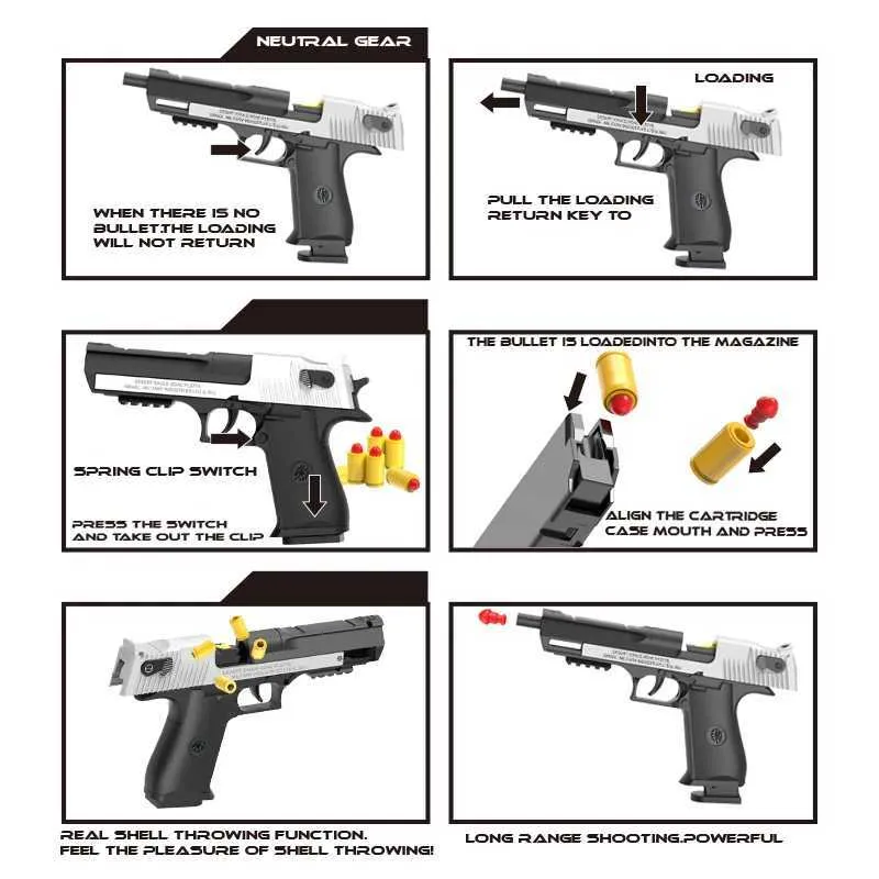 2xac pistolet toys Desert Eagle - Black Automatic Shell Ejection Toy Gun Burst Soft Bullet Pistol Boys Gift Outdoor Game 240417