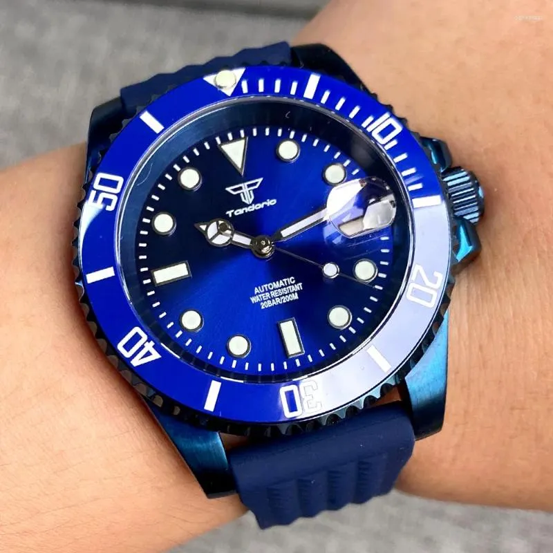 Montre-bracelets 40 mm Tandorio 20ATM Blue Ebated Men Watch Sapphire Glass Date Japon NH35 Automatique Lumineux Sunburst Dalm Strap Waffle