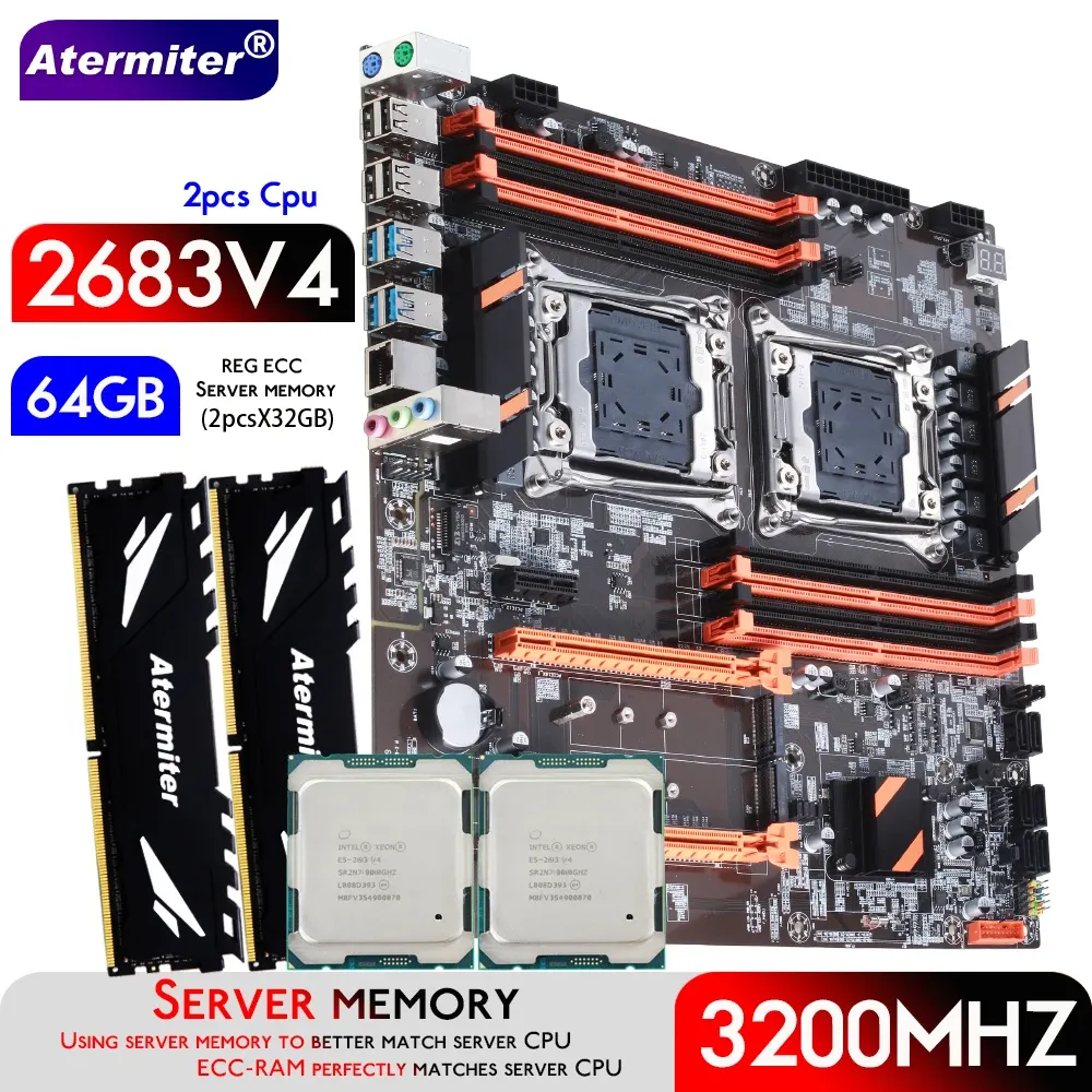 Материнские платы Atermiter Dual X99 Материнская плата с LGA 20113 Xeon E5 2683 V4*2 с 2PCS x 32GB = 64 ГБ DDR4 3200 МГц Комбо комплект памяти сервера сервера