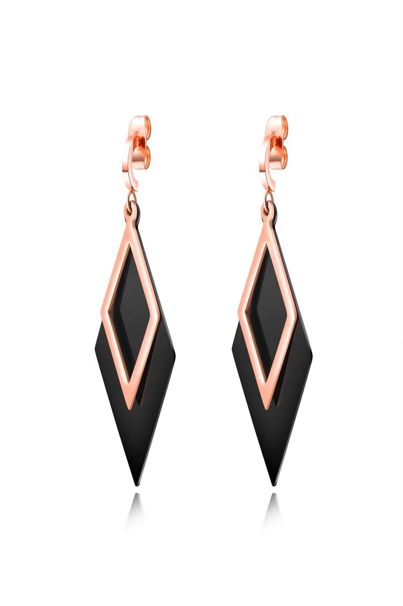 Brincos de queda em forma de diamante geométrico em aço inoxidável preto rosa em ouro rosa Bolsas de empilhamento 9029020