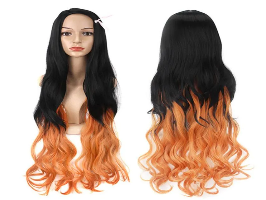 Svart lutning orange långt lockigt hår anime cosplay wig0124799603