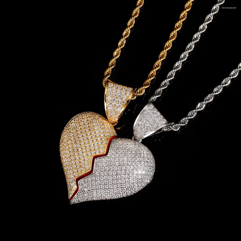 Colliers pendentifs 1/8 / k finition solitaire glacée de coeur brisé avec chaîne de corde pour couple de luxe bijoux hip hop