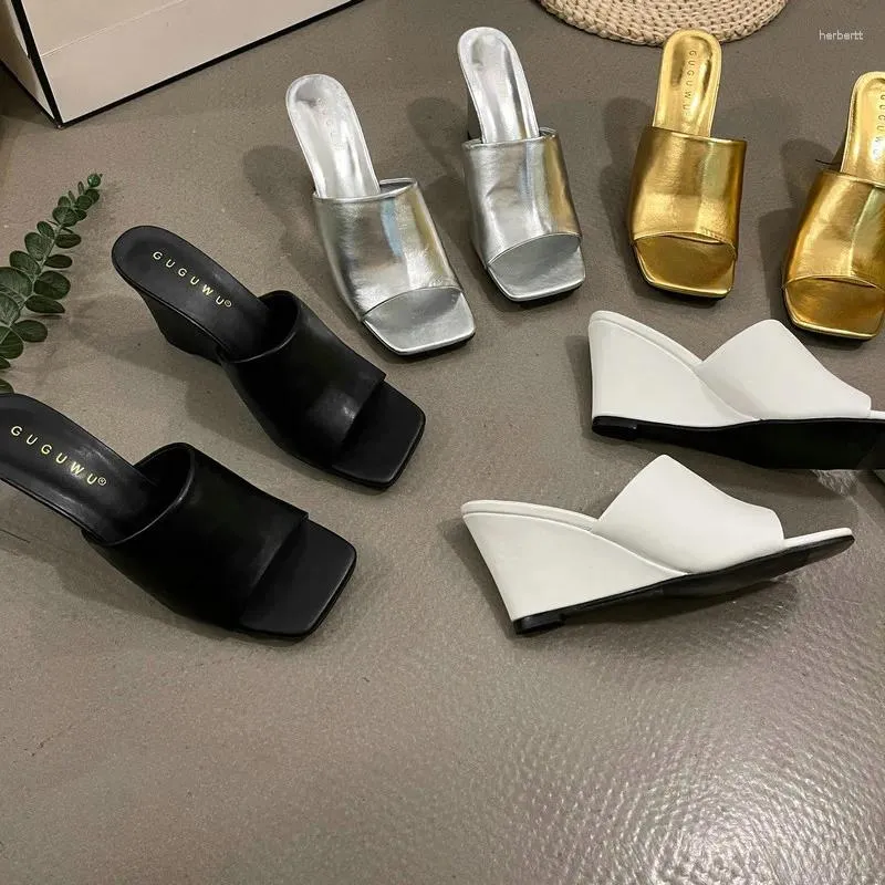 Slippers Retro Wedge Women Summer Wear Square Head Open Toe Thick Soled Line Sexy High-heeled Slides