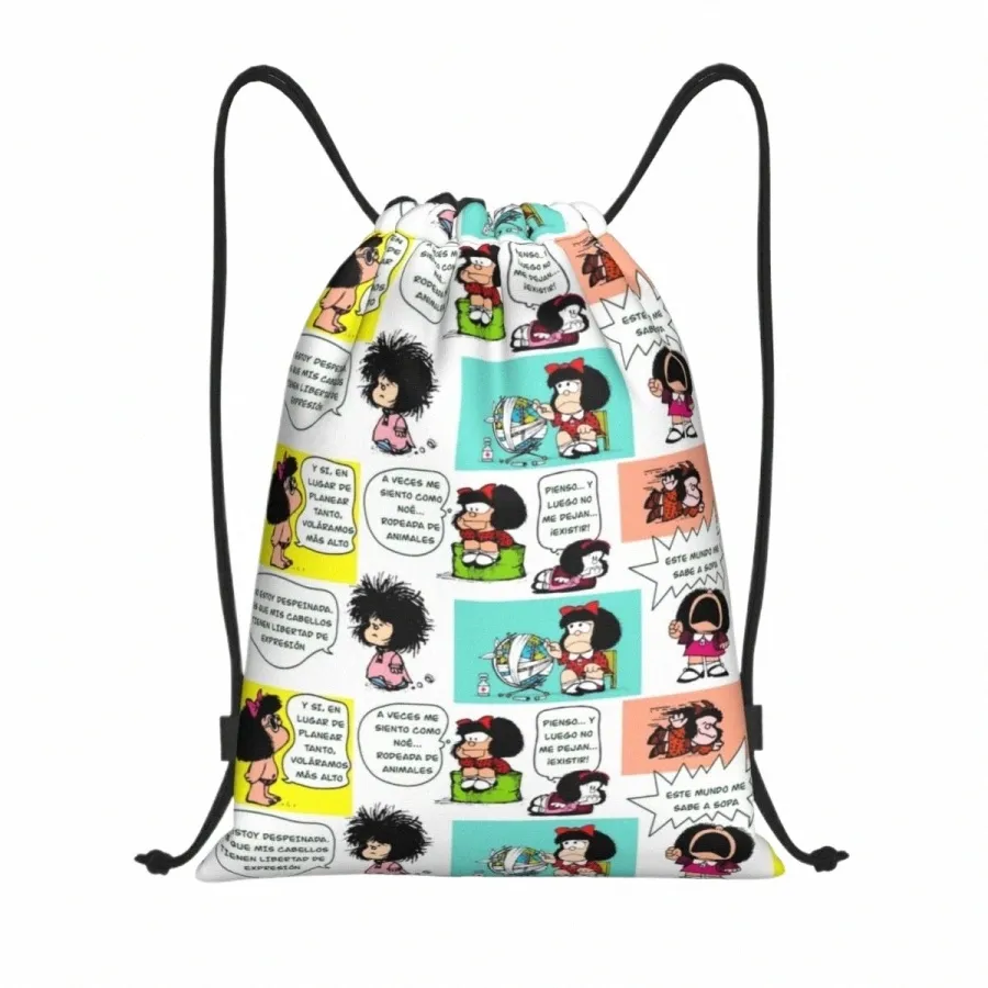 Manga personnalisé Quino Mafalda Sacs à cordon Men Femmes Femmes Light Kawaii Carto Sports Gym Rangement Backpack X3TT #