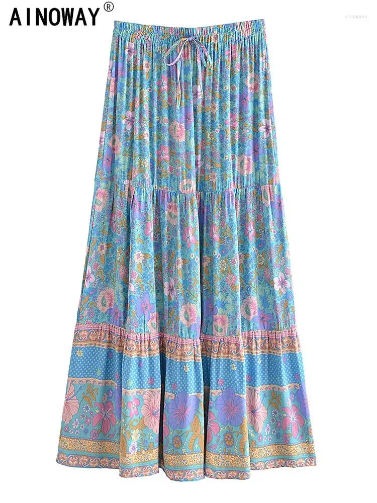 Kjolar vintage chic kvinnor hippie sommar tassel elastisk midja boho kjol blå blommig tryckt rayon strand bohemian veckad maxi