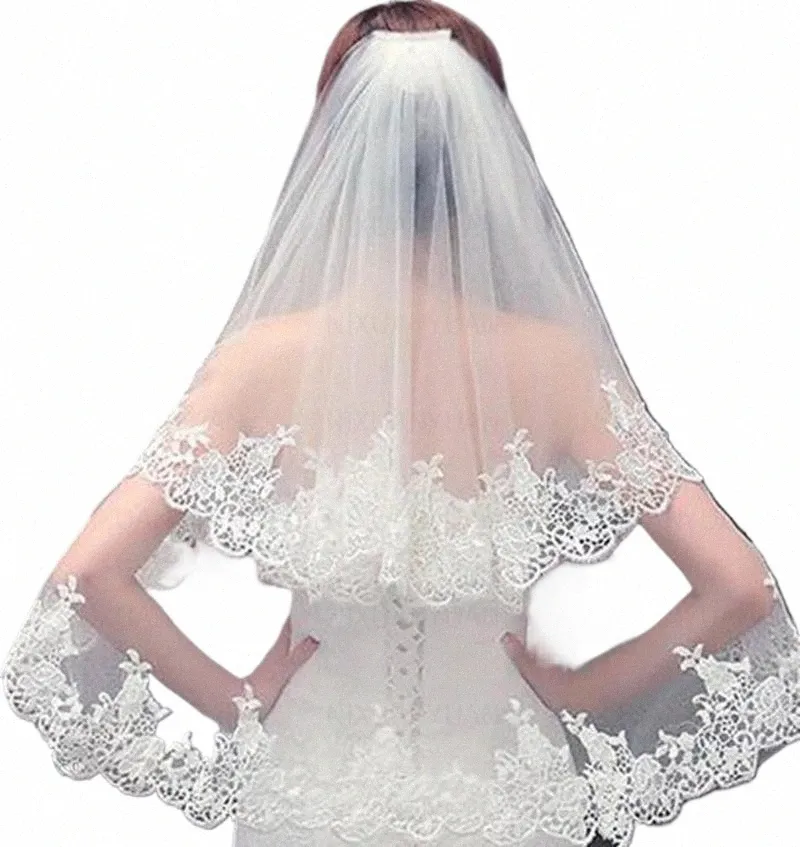 Bridal Ails Eleganckie dwie warstwy koronkowe welon z grzebieniami biało lub w kości słoniowej Akoria Velos de novia 46ps#