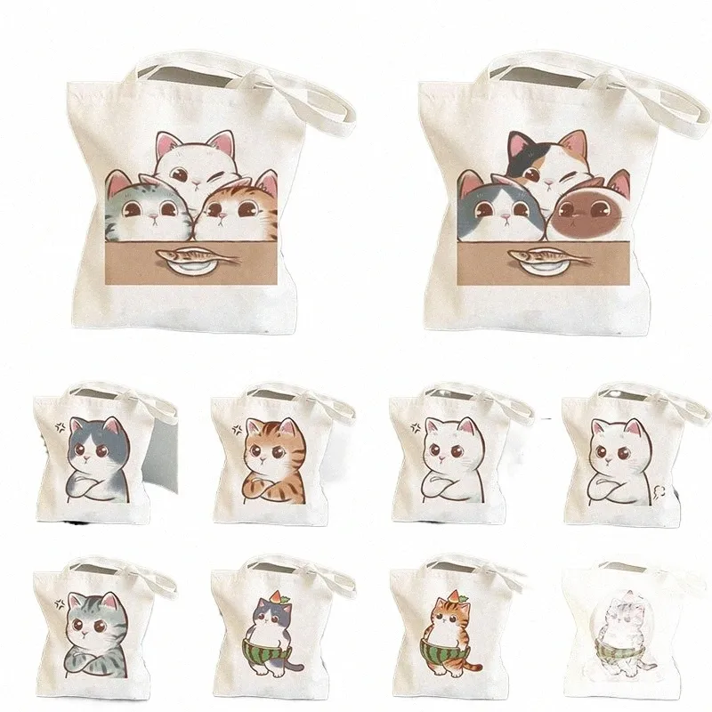 Diermeisje Schouderstoffen Tassen Herbruikbare Shopper Cute Cat Canvas Bag Women Shop Bags Teacher Student Book Bags D6ow#