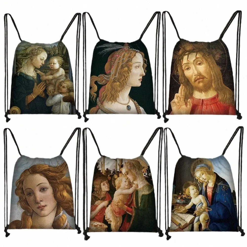 pintor italiano botticelli pintura a óleo sacos de cordão feminino retro arte saco de armazenamento saco de viagem sapatos de viagem titular adolescente bookbag s8mv#