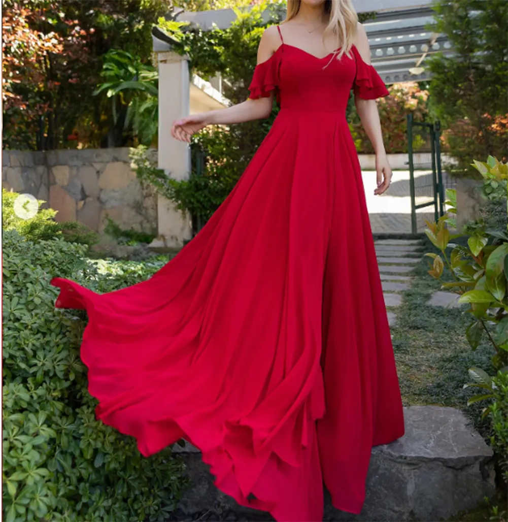 V Neck Chiffon Bridesmaid Dress Floor-Length A-Line Prom Dress with Lace-Up  Back and Spaghetti Straps from Dhgate Boutique Occasion Dresses