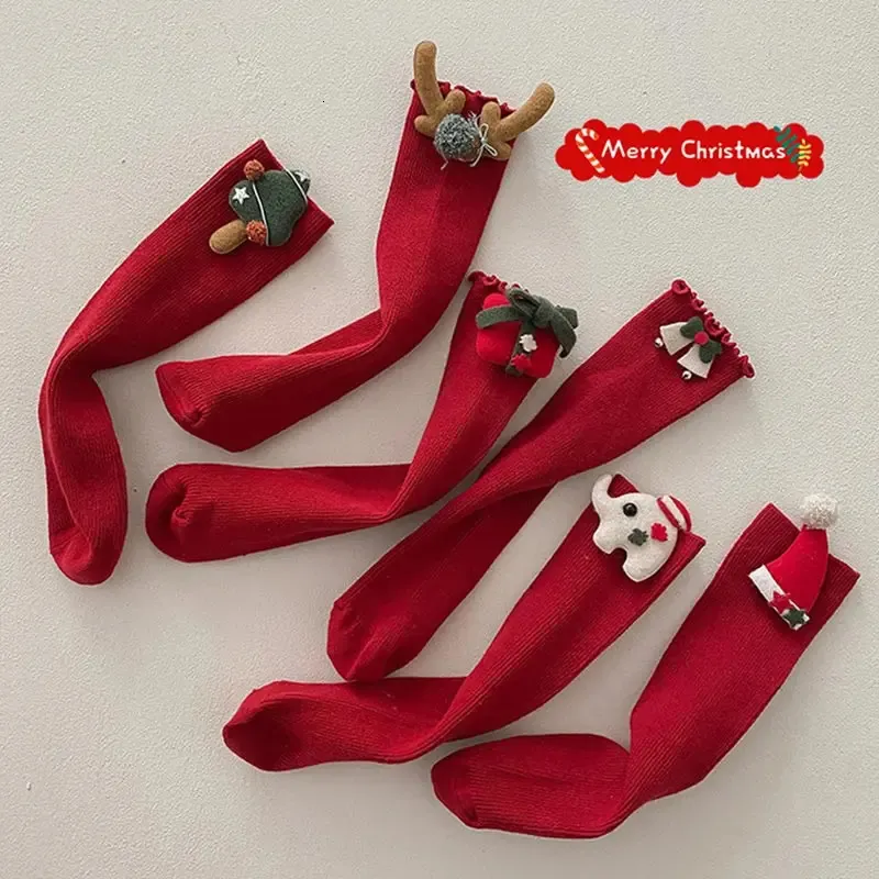 Christmas Kids Socks Winter Warm Knitted Cotton Knee High Socks For Girls Children Cartoon Red Long Sock Leg Warmer 240409