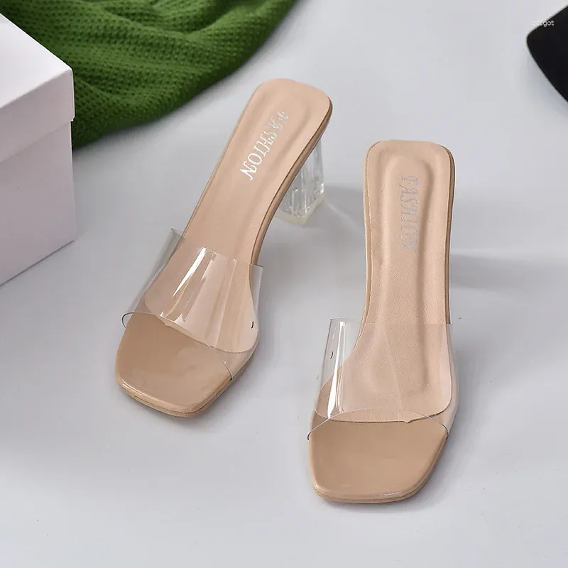Hausschuhe Sandalen PVC Jelly Kristall klar transparente weibliche Schuhe mittlere Heels bequeme Frauen MODE MULES RIDES