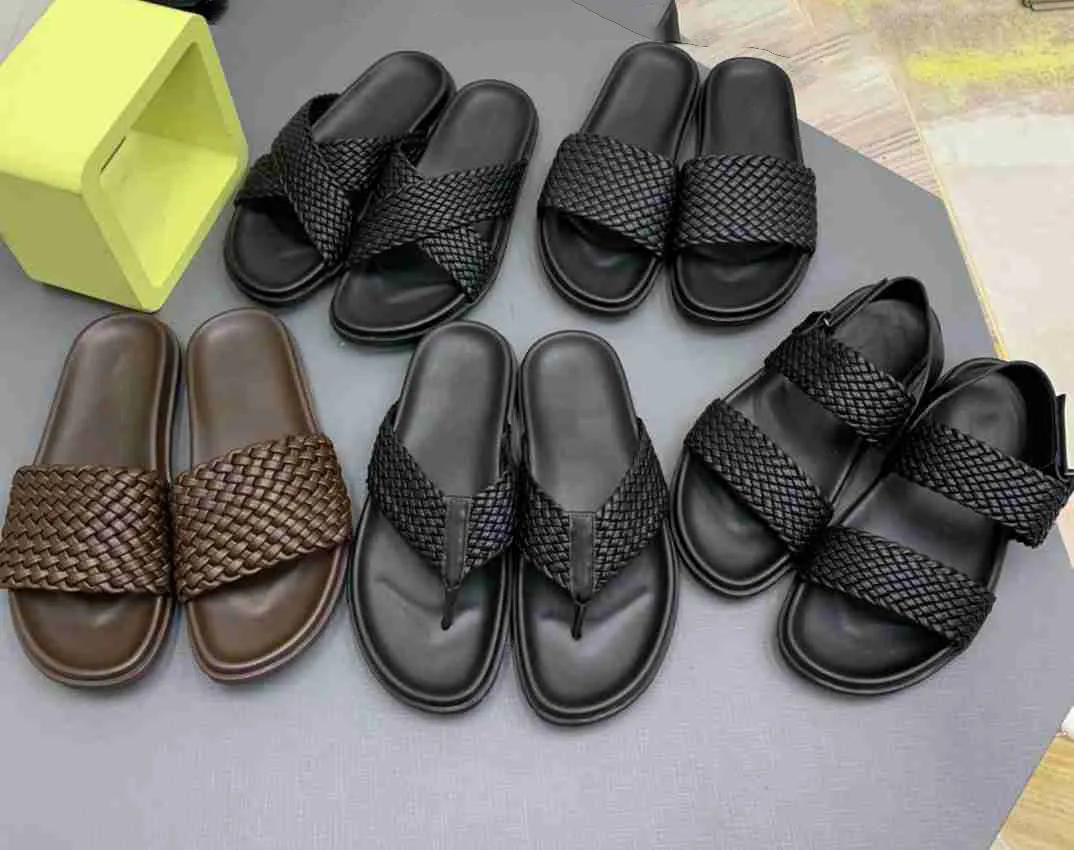 Sandalias de cuero de vaca tejida de diseñadores, zapatillas de playa de moda de verano Sport Flis Flipflops de cuero tejido, 38-46