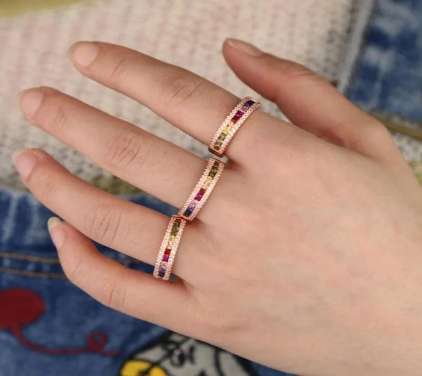 Bröllopsringar mode rosguld färg engagemang band evighet ring med regnbågen färgglada CZ trendiga finger smycken hoalley5805389