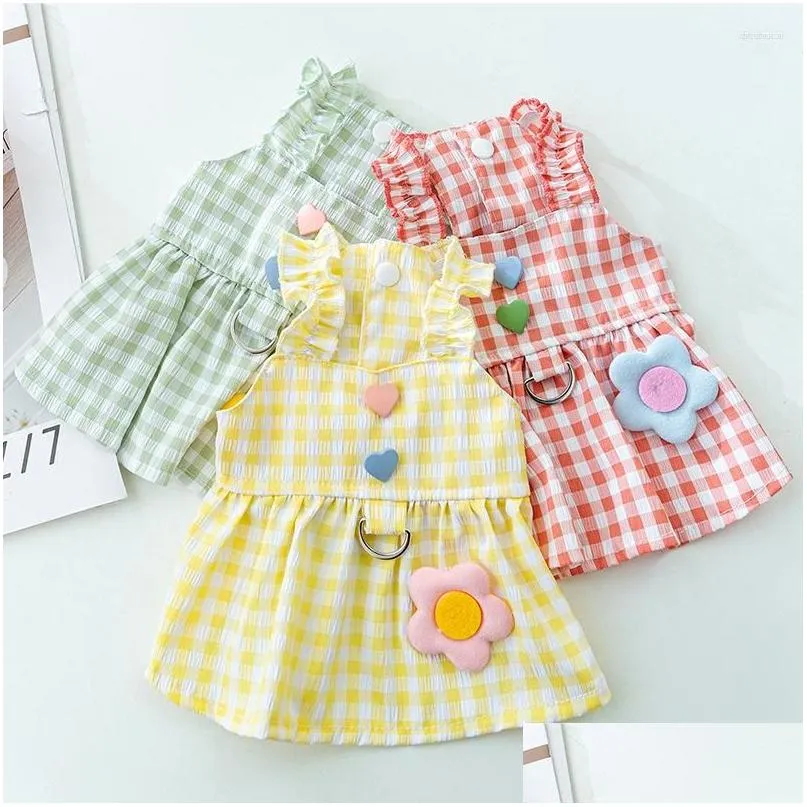 Dog Apparel Puppy Summer Fashion Cute Plaid Traction Strap Skirt Pet Clothing Dress Dogs Clothes Cat Small Print Girl Yorkshire Drop Dh4G9