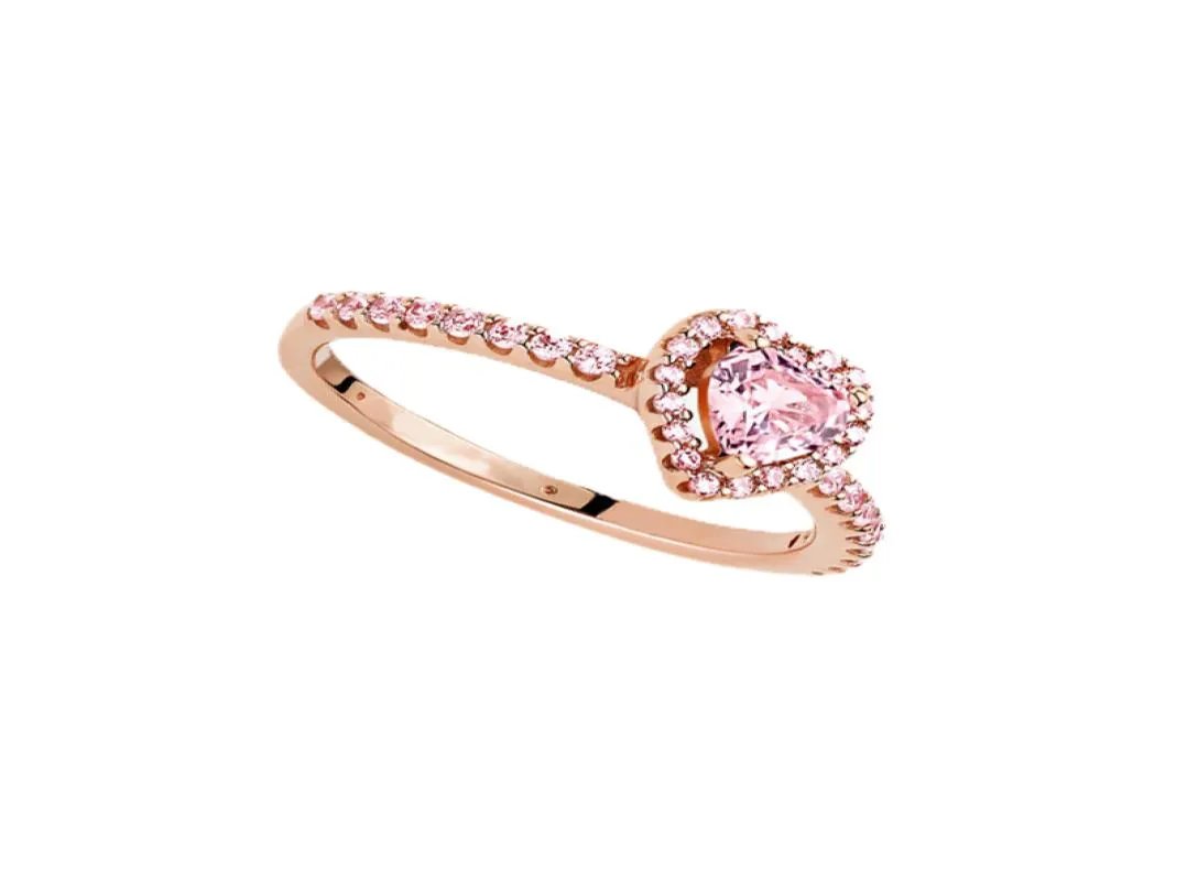 Rose Gold Pink Stone Excered Love Heart Pierścienie oryginalne zestaw do prawdziwych 925 Srebrny Cz Diamond Women Wedding Pierścień7713821