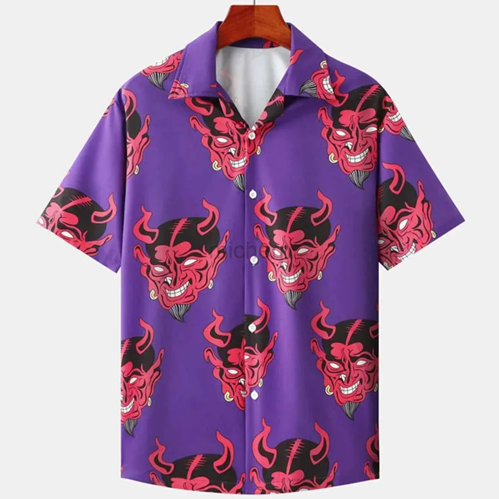 Casual shirts van heren Hawaiiaans shirt voor mannen Cubaanse kraag duivelprint Mens mode streetwear zomer korte mouw top trendy nieuwe kleding 240416