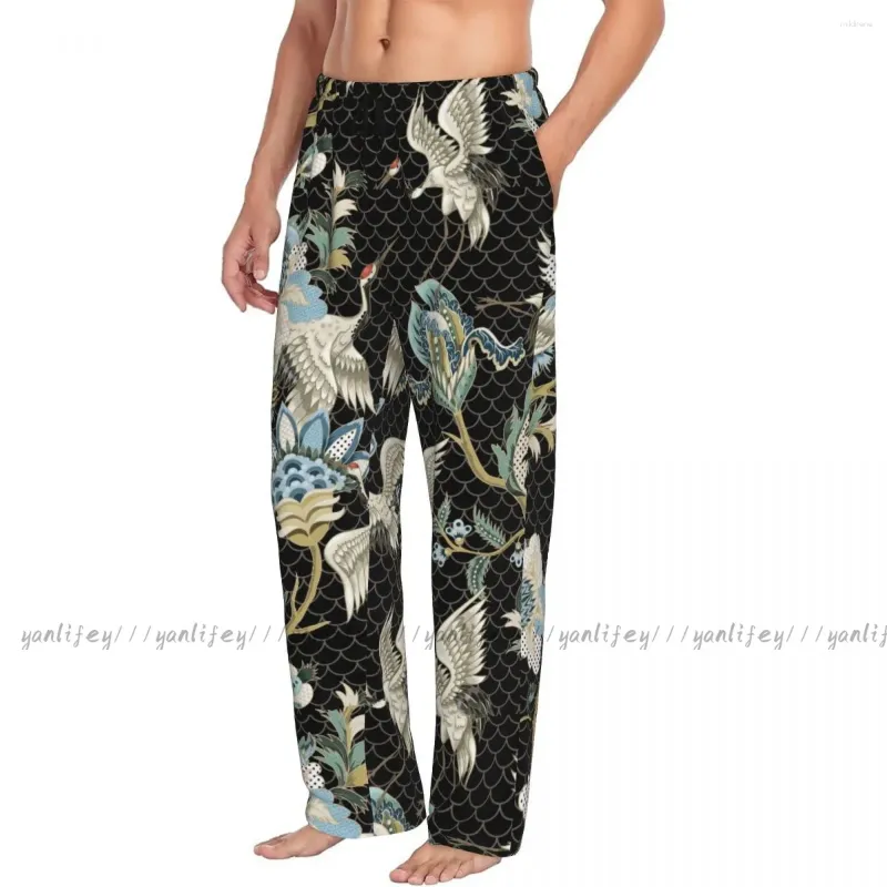 Men's Sleepwear Men Sleep Bottoms Male Lounge Trousers Ethnic Japanese Cranes Pajama Pants