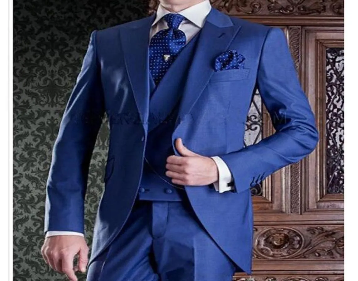 Royal Blue Long Wedding Groom Tailcoat for Groom Wear 2018 Three Piece Jacket Pants Vest Peaked Lapel Wedding Tuxedo One Button ME3043793
