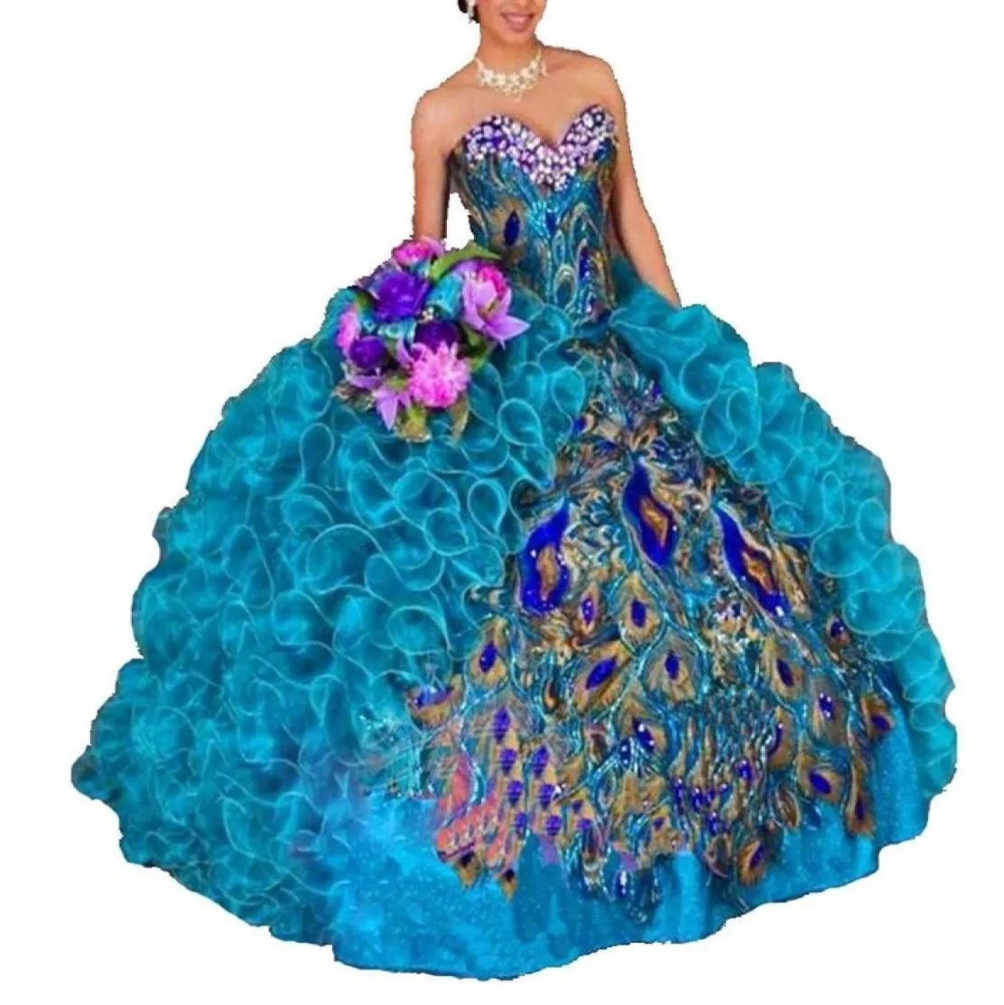 2019 New Peacock broderi bollklänning quinceanera klänningar kristaller i 15 år söt 16 plus storlek tävling prom party klänning qc10345628819