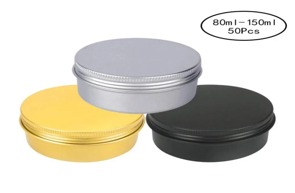50pcs 80100150 ml Bodine en aluminium Jar Silver Cosmetic Cream Container noir Rempillable Bouteille de rangement en métal pour BO4993662