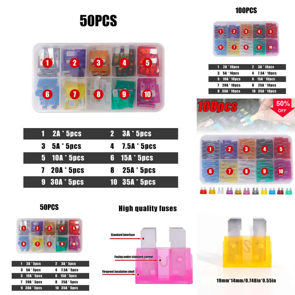 2024 100/50st Profil Medium Size Blade Type säkringssortiment för Auto Car Truck 2/3/5/7.5/10/15/20/25/30/35A Säkring med lådklipp