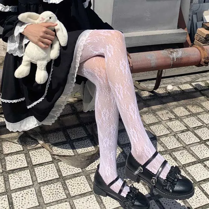 Sexiga strumpor spetsar blomma vita tights ihåliga kawaii söt tät jk lolita sexig spets strumpbyxor