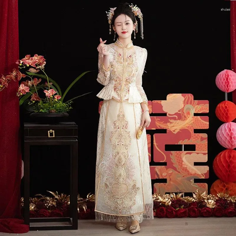 Ethnic Clothing Chinese Clothes For Women Reduction Xiuhe Bride Wedding Dress Toasting Cabinet Tassel Pearl Tang Suit