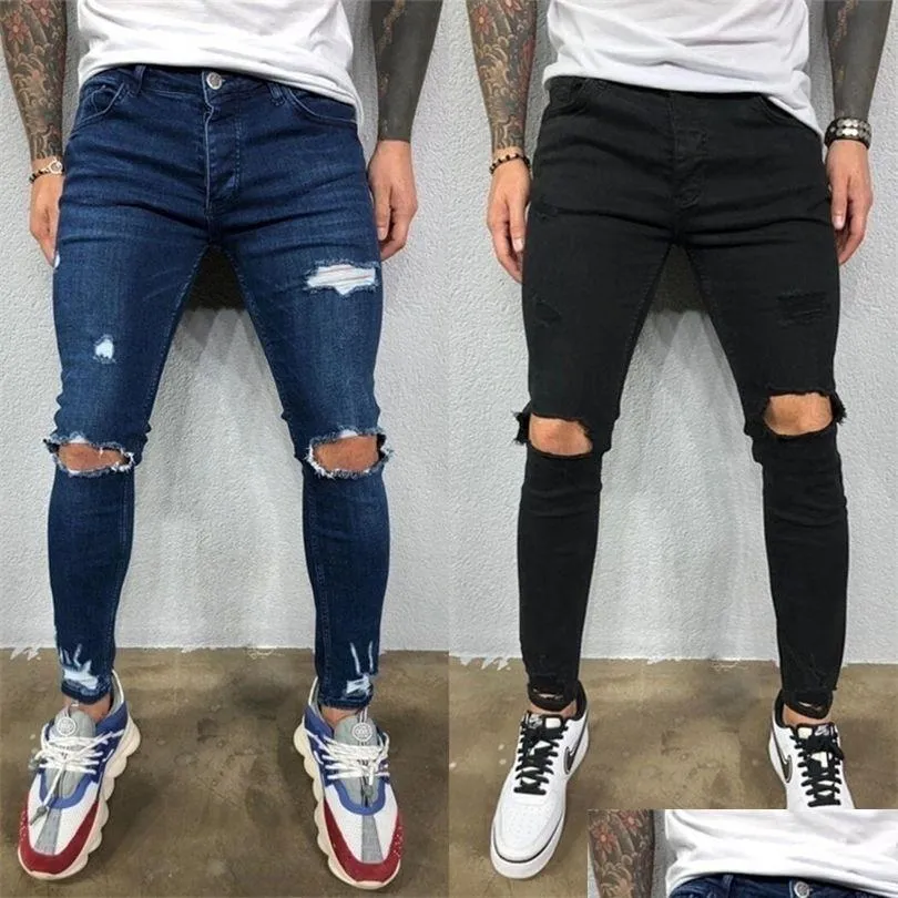 Jeans masculinos Mens destruídos magros designers frios de calça jeans rasgada para homens casuais fit hip hop lápis calça com buracos dhwju