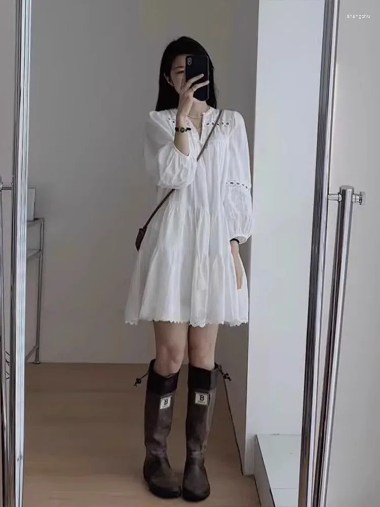 Casual Dresses French White Bubble Sleeved Shirt Dress For Women 2024 Early Spring Small Stature Long Travel Outfit