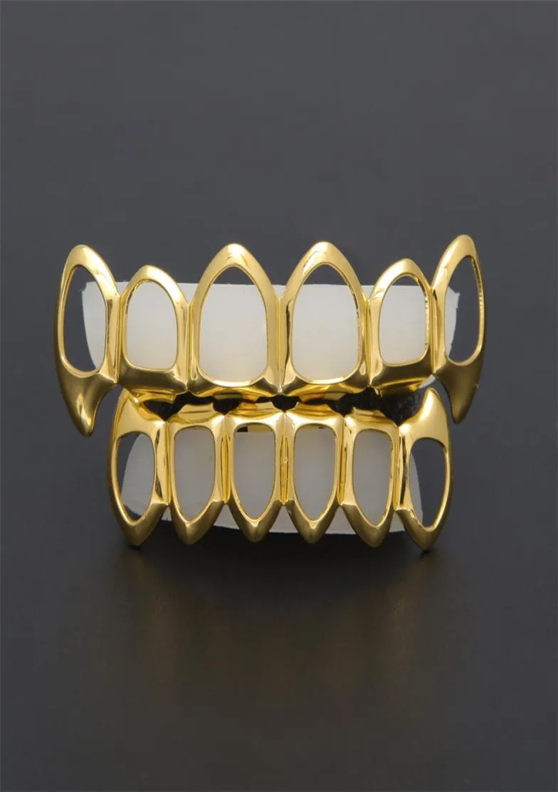 New Hip Hop Custom Fit Grill Seis Hollow Open Face Gold Mouth Grillz Bottom Bottom With Silicone Vampire dentes set4102606