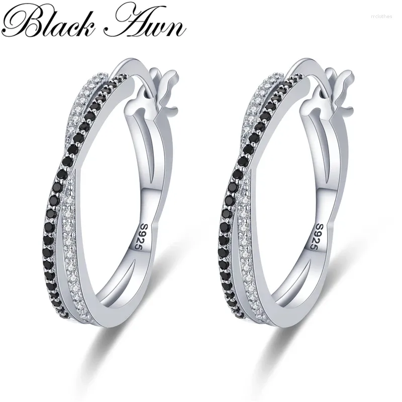 Hoop Earrings 2024 Classic Silver Color Round Black Trendy Spinel Engagement For Women Jewelry Bijoux I209