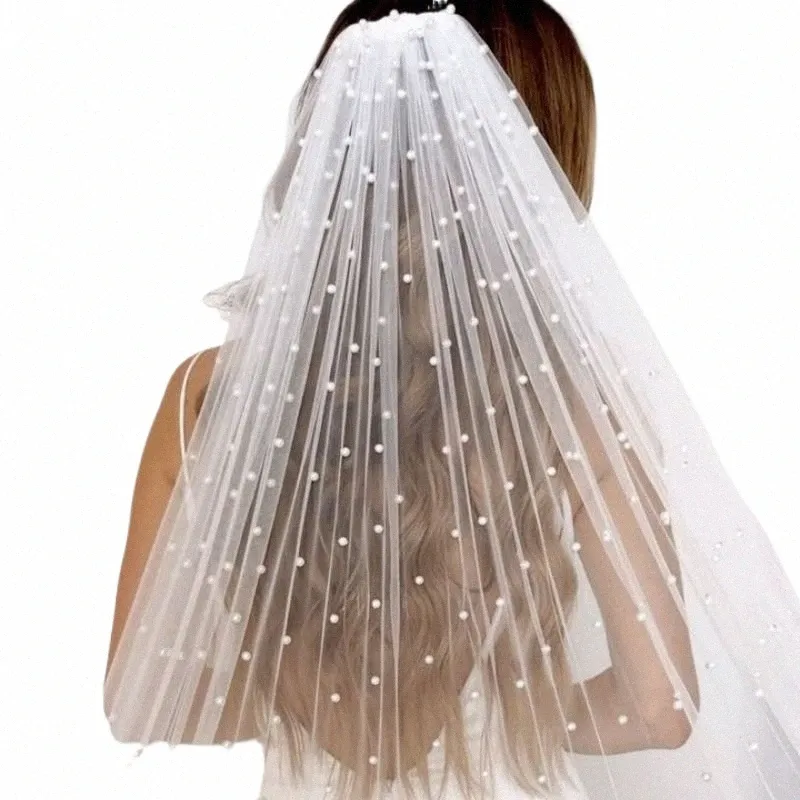 TopQueen V05 Pearls Bridal Veil Soft 1 Tier Beaded Wedding Veil For Bride Cathedral Längd med Comb Wedding Accores K10Q#