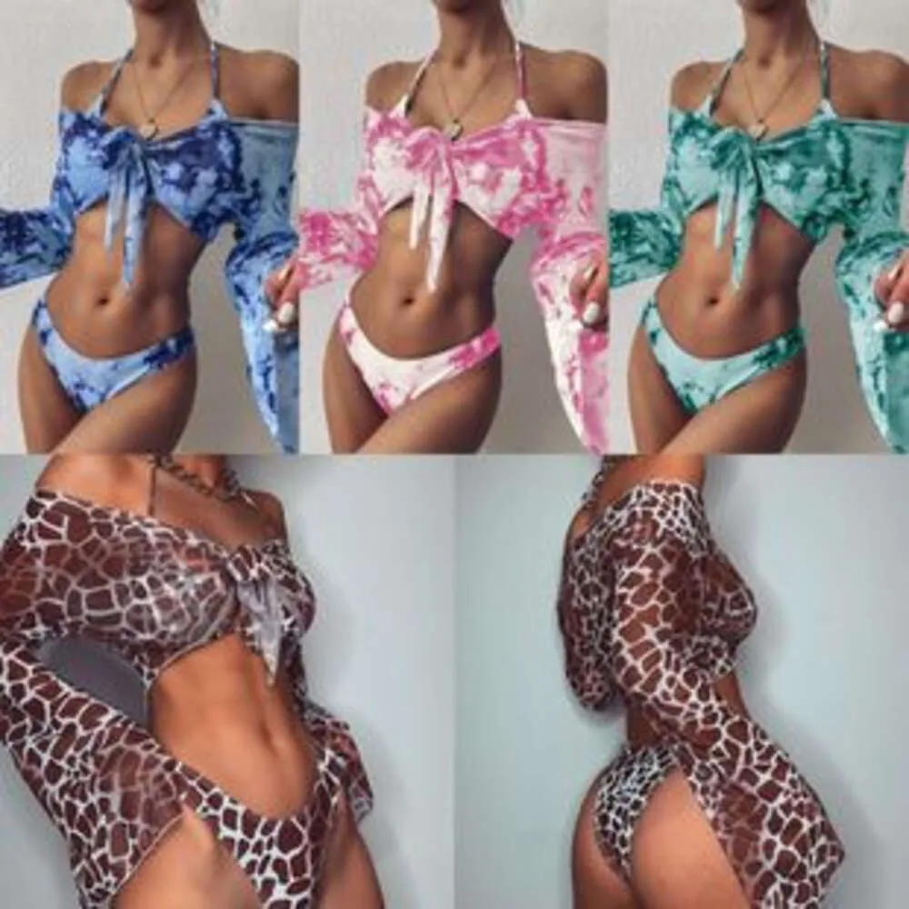 2024 Tie färgade kvinnors delade baddräkt sexig långärmad tre stycken set leopard mönster bikini f41628