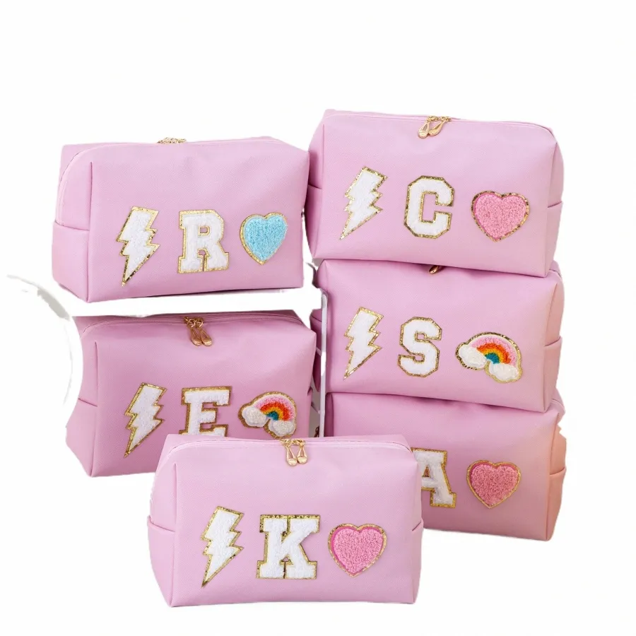 waterproof Travel Persalized Inital Cute Preppy Makeup Cosmetic Bag for Women Girls Gift With Chenille Letter Heart Patch 87oz#