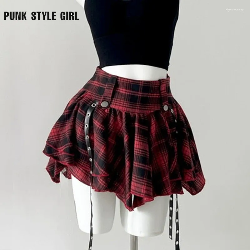 Jupes 2000s y2k Plaid imprimé mini irrégulier plissé une ligne gothique harajuku rock punk jupe sous-cultures rouges