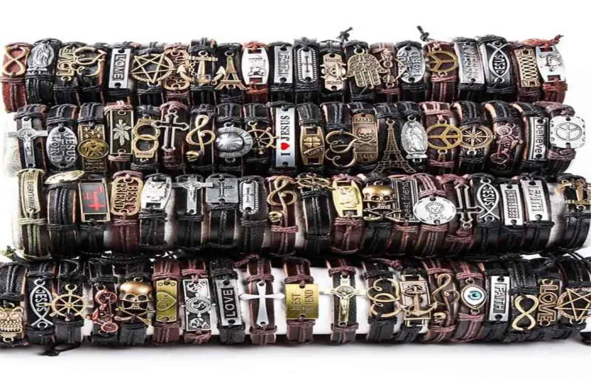 Hoqiaga 100pcs кожаные браслеты мужчины женщины подлинный винтажный панк -рок ретро -пара ручной работы ручной манжеты целые лоты объем 21033259166