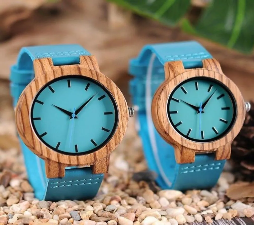 Luxury Royal Blue Wood Watch Top Quartz Wristwatch 100 Natural Bamboo Clock Casual Leather Band Valentine039s Day Gifts for Me4173488