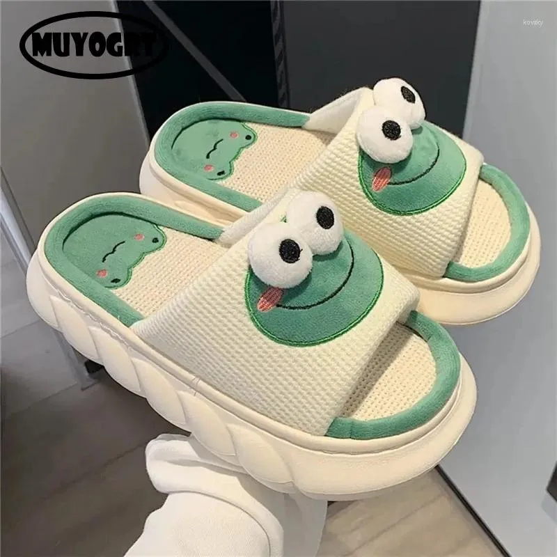 Slippers Cute Cartoon Frog Cotton Line Spring House Slides Female Flip Flops Women Summer Home Linen Slipper