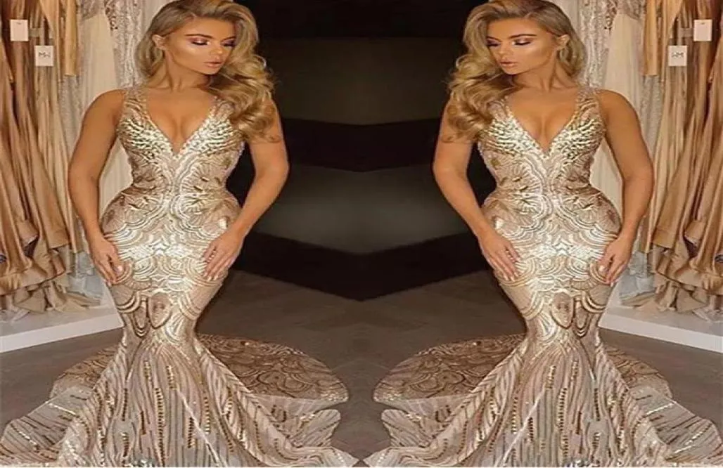 2017 Design exclusivo Design Vestidos de baile de ouro de luxo sereia v pesco