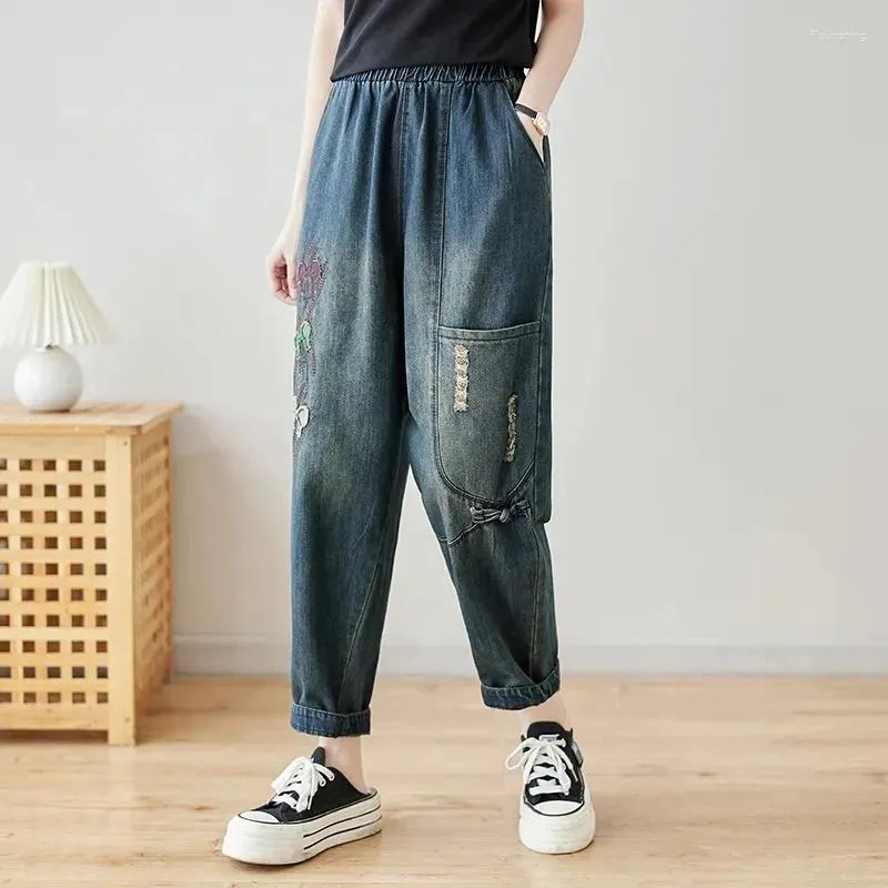 Jeans pour femmes coréennes fashion dames punk streetwear femme imprimé bleu chaud vintage pantalon denim pantalon harem occasionnel