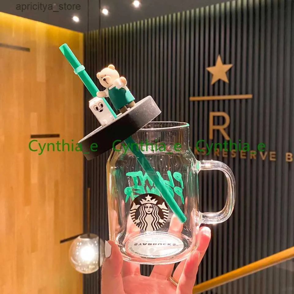 Su Şişesi 600ml Starbucks Kupalar Yaratıcı Ins Mason Saman Kupası Ayı Tarzı Cam Kupa Kadınlar Büyük Kapasiteli Hediye Kupaları 307Z L48