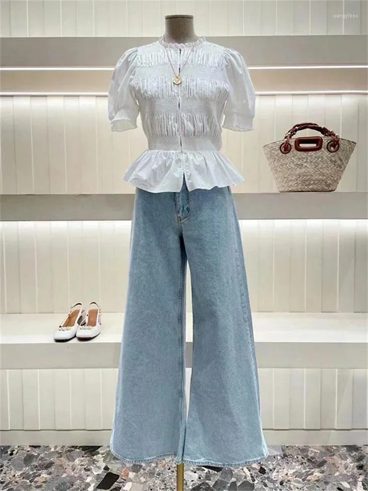 Dżinsy damskie Summer 2024 Rhinestone ozdobione proste wszechstronne damskie wysokie pary luźne szerokopasmowe spodnie dżinsowe
