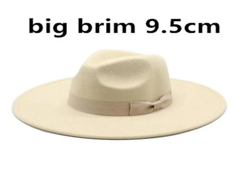 9 5cm Large Brim Wool Felt Fedora Hats With Bow Belts Women Men Big Simple Classic Jazz Caps Solid Color Formal Dress Church Cap296568155